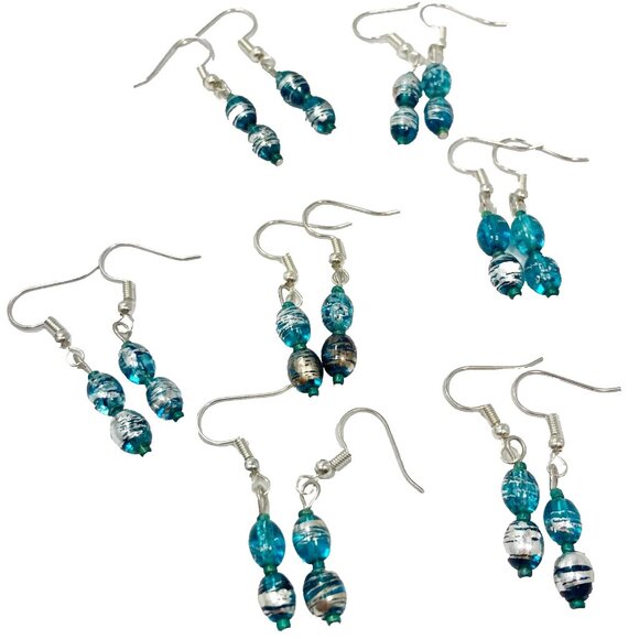 Murano Style Blue Silver Art Glass Bead Earrings Plated Dainty Dangle Handmade - Picture 5 of 7